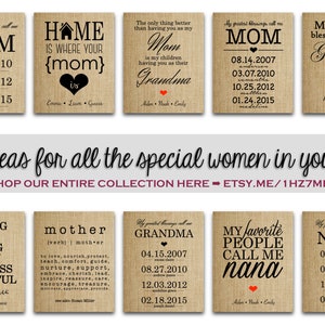 Puede incluir: Una colecci&oacute;n de 10 letreros de arpillera con diferentes mensajes para madres, abuelas y otras mujeres especiales. Los letreros presentan varias fuentes y dise&ntilde;os, incluyendo corazones, casas y listas de palabras. Los letreros son todos de color beige con texto negro y acentos rojos.