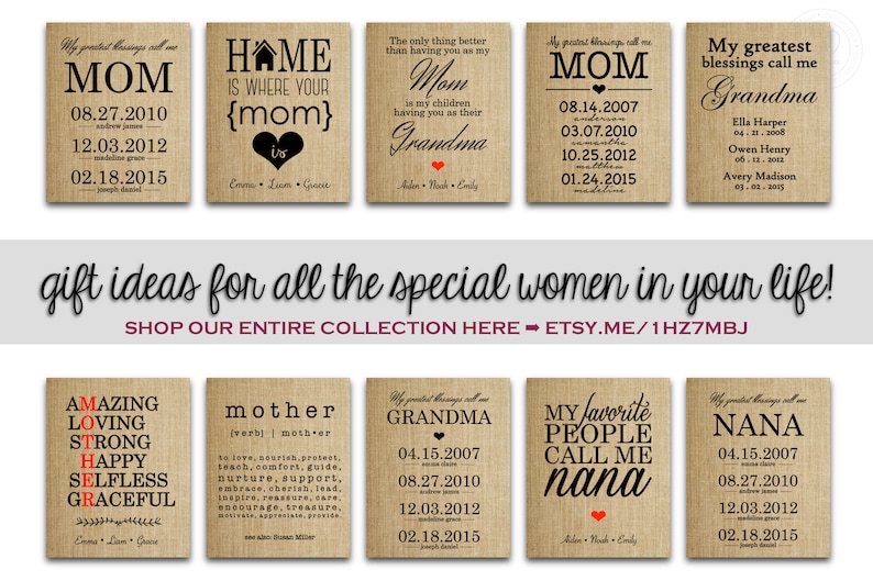 Puede incluir: Una colecci&oacute;n de 10 letreros de arpillera con diferentes mensajes para madres, abuelas y otras mujeres especiales. Los letreros presentan varias fuentes y dise&ntilde;os, incluyendo corazones, casas y listas de palabras. Los letreros son todos de color beige con texto negro y acentos rojos.