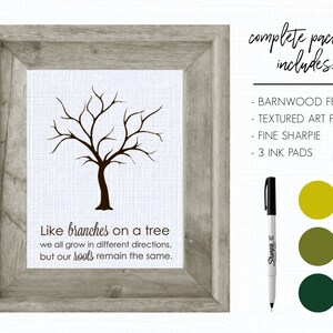 May include: A framed print with a black silhouette of a tree with the text "Like branches on a tree we all grow in different directions, but our roots remain the same." The package includes a barnwood frame, textured art print, fine point Sharpie marker, and three ink pads.