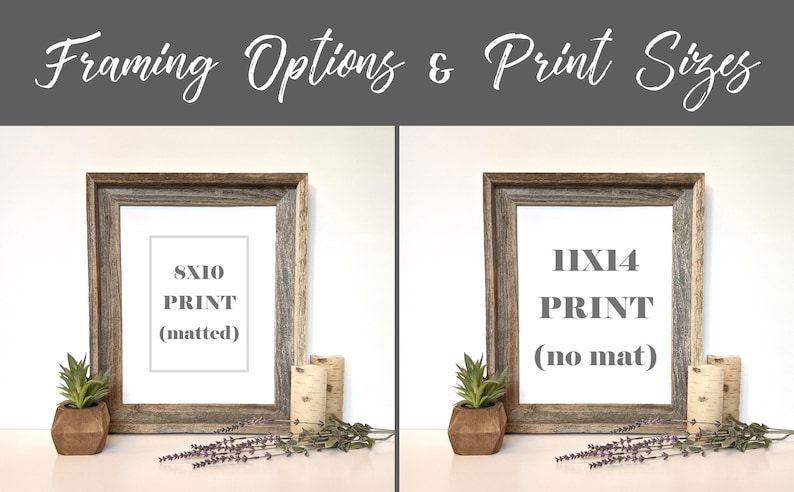 May include: Two wood framed prints, one with an 8x10 print matted and the other with an 11x14 print unmatted. Both frames are a rustic brown colour.