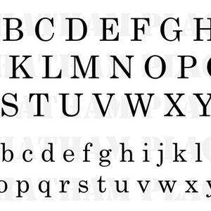 May include: Black and white alphabet font chart featuring uppercase and lowercase letters. The letters are in a simple, classic font style.