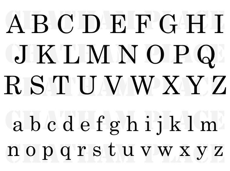 May include: Black and white alphabet font chart featuring uppercase and lowercase letters. The letters are in a simple, classic font style.