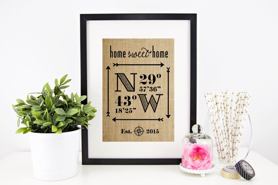 Home Decor Prints, Home Decor Wall Art, Home Decor Rustic, Burlap, Farmhouse Wall Decor, Longitude Latitude Sign, Home Sweet Home, Prints