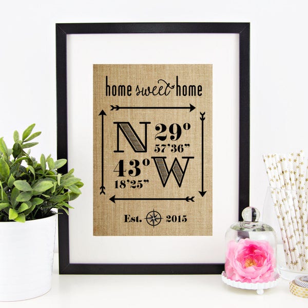 Home Decor Prints, Home Decor Wall Art, Home Decor Rustic, Burlap, Farmhouse Wall Decor, Longitude Latitude Sign, Home Sweet Home, Prints