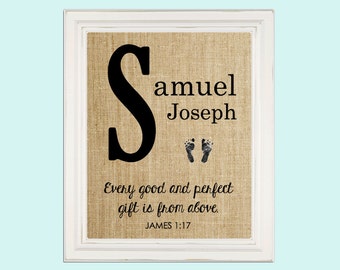 Baby Name Sign Nursery Decor Burlap Print Baby Shower Gift Elephant James 1:17 Bible Verse Personalized Custom Monogram 8x10