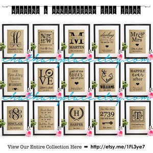May include: A collage of 12 framed burlap prints with black frames. Each print features a different design with a personalized name and date. The designs include initials, coordinates, love quotes, and wedding-related phrases.