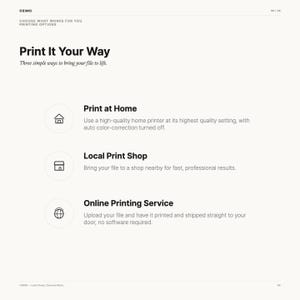 Puede incluir: Un gr&aacute;fico informativo titulado Print It Your Way, que describe tres opciones de impresi&oacute;n: imprimir en casa con una impresora de alta calidad, una imprenta local para resultados profesionales y un servicio de impresi&oacute;n en l&iacute;nea con env&iacute;o.