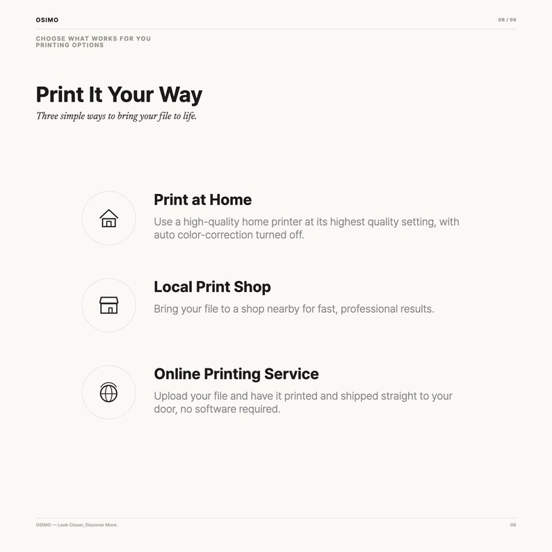 Puede incluir: Un gr&aacute;fico informativo titulado Print It Your Way, que describe tres opciones de impresi&oacute;n: imprimir en casa con una impresora de alta calidad, una imprenta local para resultados profesionales y un servicio de impresi&oacute;n en l&iacute;nea con env&iacute;o.