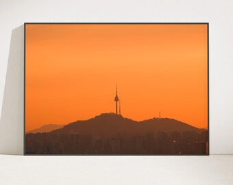 Namsan Tower Golden Hour Print, Seoul Skyline Minimal Wall Art (Digital Download)