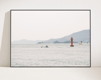 Korean Coastal Lighthouse Print, Orange Beacon, Fishing Boat, Hazy Sea Wall Art (Digital Download)
