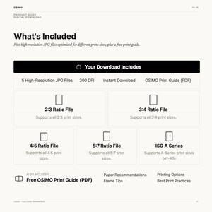 May include: A digital product guide for a download containing five high-resolution JPG files at 300 DPI. The guide lists file ratios including 2:3, 3:4, 4:5, 5:7, and ISO A series, along with a free OSIMO print guide PDF covering paper and framing.