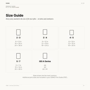 May include: A white Osimo product guide size chart featuring black text and rectangular icons. It lists aspect ratios 2:3, 3:4, 4:5, 5:7, and ISO A Series with corresponding common print dimensions in inches. The document includes headers and footer text.