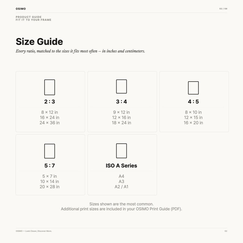 May include: A white Osimo product guide size chart featuring black text and rectangular icons. It lists aspect ratios 2:3, 3:4, 4:5, 5:7, and ISO A Series with corresponding common print dimensions in inches. The document includes headers and footer text.