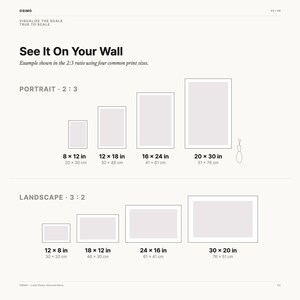 May include: A size guide chart titled See It On Your Wall, displaying four portrait rectangles in 2:3 ratio with dimensions 8x12, 12x18, 16x24, and 20x30 inches, and four landscape rectangles in 3:2 ratio with dimensions 12x8, 18x12, 24x16, and 30x20 inches.