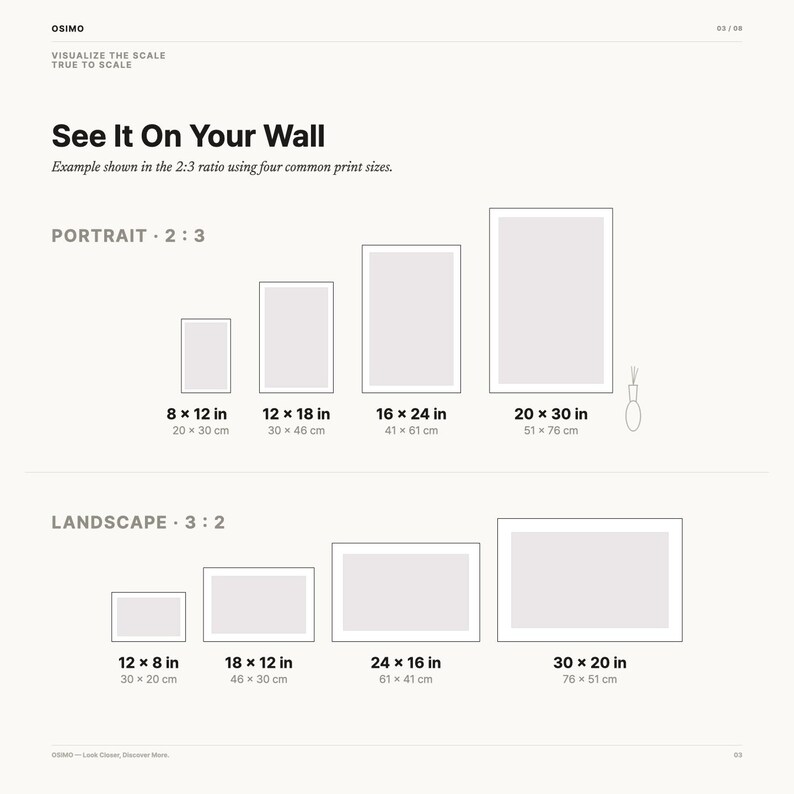 May include: A size guide chart titled See It On Your Wall, displaying four portrait rectangles in 2:3 ratio with dimensions 8x12, 12x18, 16x24, and 20x30 inches, and four landscape rectangles in 3:2 ratio with dimensions 12x8, 18x12, 24x16, and 30x20 inches.