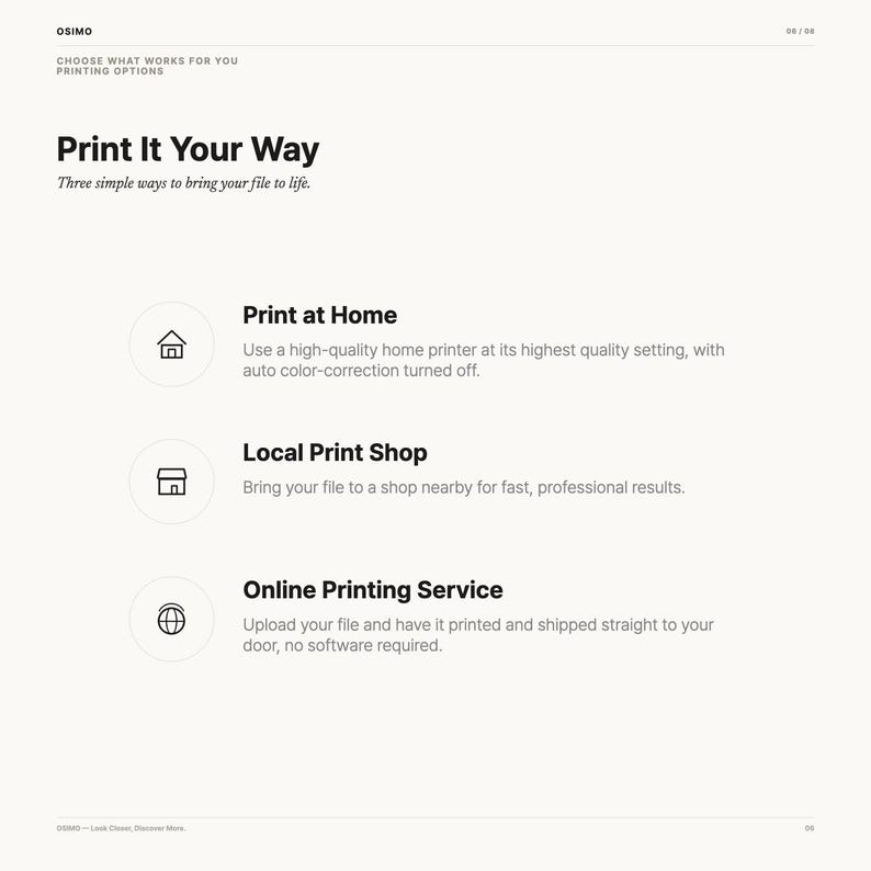 May include: An informational graphic titled Print It Your Way, outlining three printing options: Print at Home using a high-quality printer, Local Print Shop for professional results, and Online Printing Service for direct shipping.