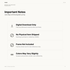 May include: An informational graphic titled Important Notes with the subtitle A few things worth knowing before you buy. It lists four points: Digital Download Only, No Physical Item Shipped, Frame Not Included, and Colors May Vary Slightly.