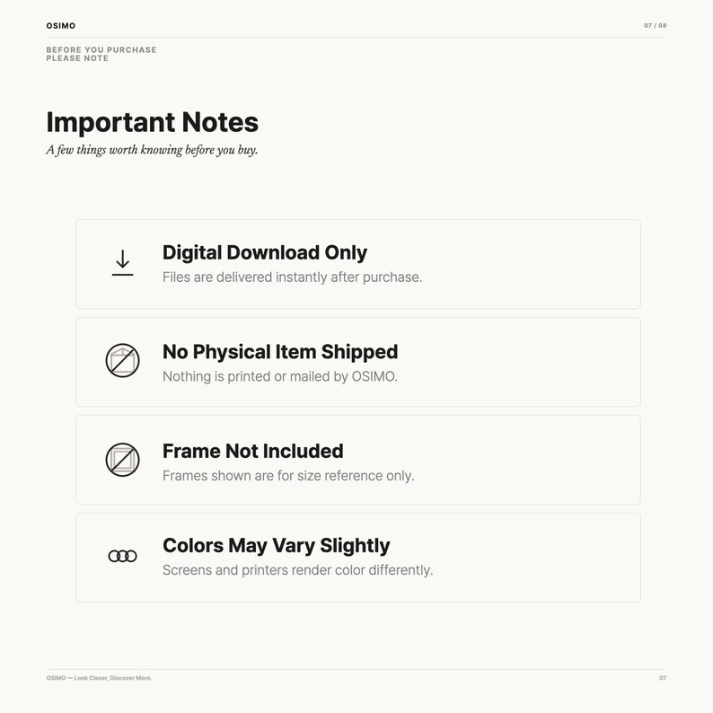May include: An informational graphic titled Important Notes with the subtitle A few things worth knowing before you buy. It lists four points: Digital Download Only, No Physical Item Shipped, Frame Not Included, and Colors May Vary Slightly.