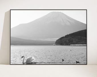 Mount Fuji Swan Lake Print, Black and White Minimal Wall Art (Digital Download)