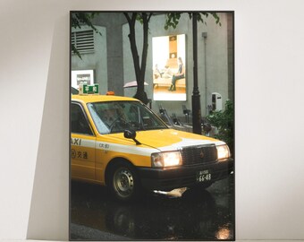 Tokyo Yellow Taxi Print, Rainy Street Wall Art (Digital Download)