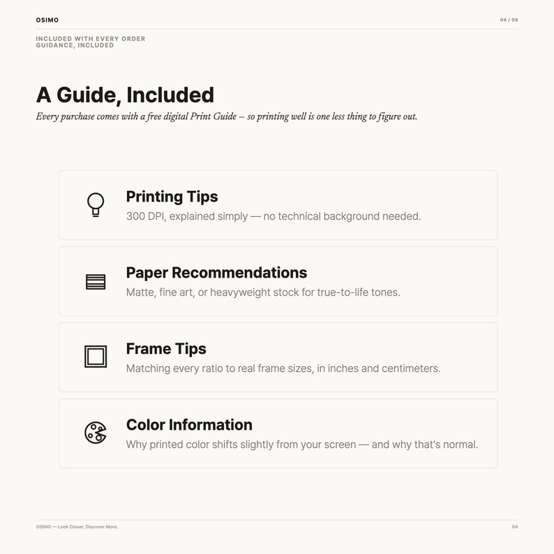 Puede incluir: Un documento informativo titulado A Guide, Included, que detalla una gu&iacute;a de impresi&oacute;n digital. Incluye secciones sobre consejos de impresi&oacute;n, recomendaciones de papel, consejos de marcos e informaci&oacute;n de color, con iconos sobre fondo blanco.