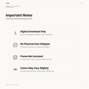 Puede incluir: Un gr&aacute;fico informativo titulado Important Notes con el subt&iacute;tulo A few things worth knowing before you buy. Enumera cuatro puntos: Digital Download Only, No Physical Item Shipped, Frame Not Included y Colors May Vary Slightly.
