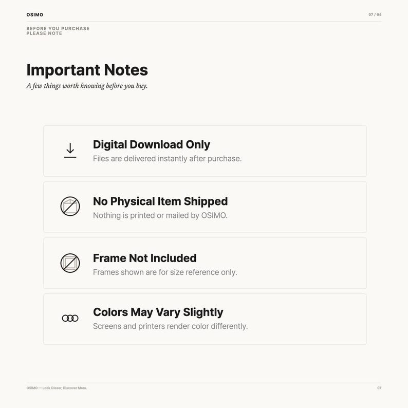 Puede incluir: Un gr&aacute;fico informativo titulado Important Notes con el subt&iacute;tulo A few things worth knowing before you buy. Enumera cuatro puntos: Digital Download Only, No Physical Item Shipped, Frame Not Included y Colors May Vary Slightly.