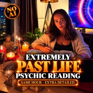 Może przedstawiać: Osoba pisząca w notatniku, obok talia kart, świece i figurka Buddy. Tekst głosi: NO AI, EXTREMELY PAST LIFE PSYCHIC READING, SAME HOUR - EXTRA DETAILED. Scena jest słabo oświetlona ciepłym światłem świec i blaskiem ekranu w tle.