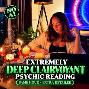 Puede incluir: Una persona escribe en un cuaderno sobre una mesa con velas, una estatua de Buda y un adorno de mano de Hamsa. El texto dice EXTREMELY DEEP CLAIRVOYANT PSYCHIC READING SAME HOUR - EXTRA DETAILED. Un distintivo verde NO AI es visible.