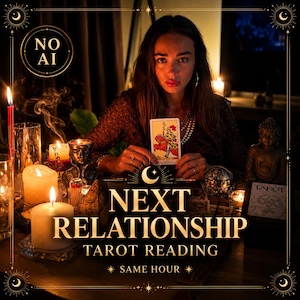 Puede incluir: Un servicio de lectura de tarot con el texto NEXT RELATIONSHIP TAROT READING SAME HOUR y NO AI. La escena incluye a una persona sosteniendo una carta de tarot, varias velas encendidas, una pequeña estatua de Buda y una caja de tarot.