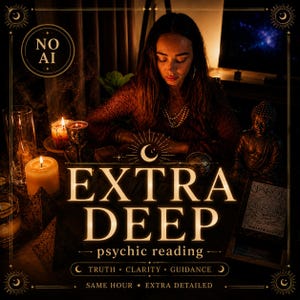 May include: A psychic reading service advertisement featuring the text EXTRA DEEP, psychic reading, TRUTH, CLARITY, GUIDANCE, SAME HOUR, EXTRA DETAILED, and NO AI. The image displays a person, candles, a Buddha statue, and a tarot card deck.