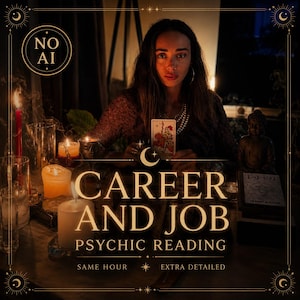 May include: A psychic reading service advertisement featuring a person holding a tarot card, surrounded by lit candles and a Buddha statue. The text reads: NO AI, CAREER AND JOB PSYCHIC READING, SAME HOUR, EXTRA DETAILED. The scene is dimly lit.