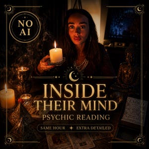 May include: A psychic reading advertisement featuring the text NO AI, INSIDE THEIR MIND, PSYCHIC READING, SAME HOUR, and EXTRA DETAILED. The image displays a person holding a lit white candle, surrounded by tarot cards, candles, and a Buddha statue.