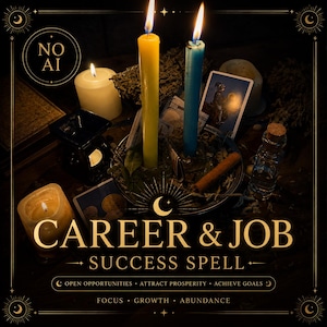 Puede incluir: Un set ritual con una vela amarilla, una vela azul, un cuenco con hierbas, una rama de canela y billetes. El texto dice: NO AI, CAREER & JOB SUCCESS SPELL, OPEN OPPORTUNITIES, ATTRACT PROSPERITY, ACHIEVE GOALS, FOCUS, GROWTH, ABUNDANCE.