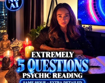 May include: A digital graphic for a psychic reading service featuring the text EXTREMELY 5 QUESTIONS PSYCHIC READING SAME HOUR - EXTRA DETAILED. The image shows a person behind a table with candles, a Buddha statue, and a notebook with writing.