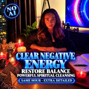 Op de afbeelding: Een digitale afbeelding met een persoon achter een tafel met kaarsen, een Boeddhabeeld en piramides. De tekst luidt: NO AI, CLEAR NEGATIVE ENERGY, RESTORE BALANCE, POWERFUL SPIRITUAL CLEANSING, SAME HOUR - EXTRA DETAILED. Verlicht door warm kaarslicht.