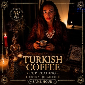 Pode incluir: Uma pequena chávena estampada com café turco escuro segurada por uma pessoa, rodeada por cartas de tarot, uma estátua dourada de Buda, velas acesas e um livro. Texto: NO AI, TURKISH COFFEE, CUP READING, EXTRA DETAILED, SAME HOUR, B KART & KITAP.