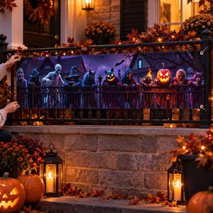 Puede incluir: Una pancarta rectangular de Halloween que muestra una fila de criaturas espeluznantes, incluyendo un esqueleto, una figura con cabeza de calabaza y varios monstruos, apoyados sobre una valla oscura bajo un cielo nocturno.