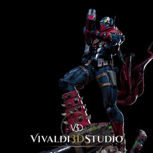 Peut inclure: Une figurine d&eacute;taill&eacute;e repr&eacute;sentant un personnage en costume noir avec des accents rouges, portant un masque avec un &oelig;il vert brillant. La figurine tient une grande arme &agrave; feu, porte une &eacute;charpe rouge et se tient sur une base rouge &agrave; pointes avec le texte V3D VIVALDI3DSTUDIO.