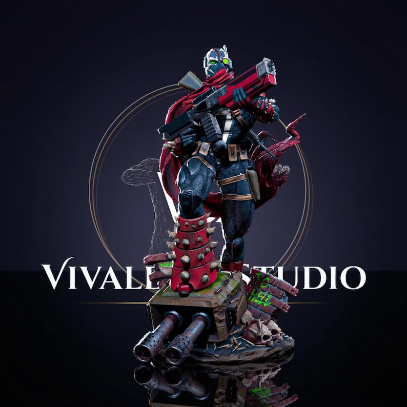 Peut inclure: Une figurine de collection d&eacute;taill&eacute;e repr&eacute;sentant un personnage masqu&eacute; en costume sombre avec une cape rouge, tenant un grand fusil rouge et noir. La figurine repose sur un socle avec une arme lourde, des cr&acirc;nes et des d&eacute;bris, avec le texte VIVALE STUDIO.