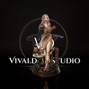 May include: A detailed figurine of a pale figure with long blonde hair wearing a tattered, blood-stained beige dress. The figure stands on a circular base with a small table, lamp, and railing. The text VIVALD3D STUDIO is visible in the background.