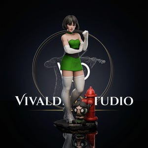 May include: A collectible figurine featuring a character with short black hair, wearing a green strapless dress, white gloves, and white thigh-high boots. Beside the character stands a small, angry-looking figure and a bright red fire hydrant.