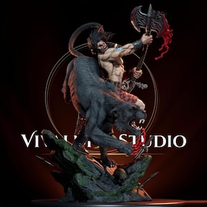 May include: A detailed fantasy figurine featuring a muscular warrior with long dark hair riding a large black panther. The warrior holds a battle axe with red accents. The base is a rocky terrain with a skull and the text VIVADUS STUDIO visible.