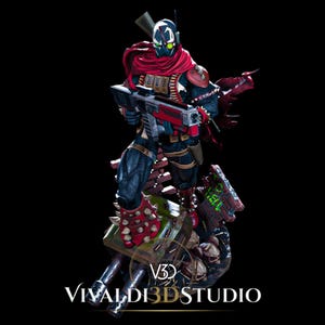 Peut inclure: Une figurine d&eacute;taill&eacute;e d'un personnage masqu&eacute; portant une combinaison sombre, une &eacute;charpe rouge et des bottes &agrave; pointes, tenant un grand fusil rouge et noir. La figurine repose sur un socle avec des cr&acirc;nes et un mur de briques, marqu&eacute; VIVALDI3DSTUDIO.