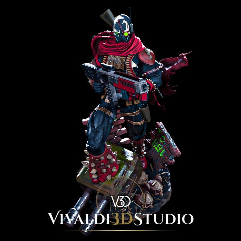 Peut inclure: Une figurine d&eacute;taill&eacute;e d'un personnage masqu&eacute; portant une combinaison sombre, une &eacute;charpe rouge et des bottes &agrave; pointes, tenant un grand fusil rouge et noir. La figurine repose sur un socle avec des cr&acirc;nes et un mur de briques, marqu&eacute; VIVALDI3DSTUDIO.