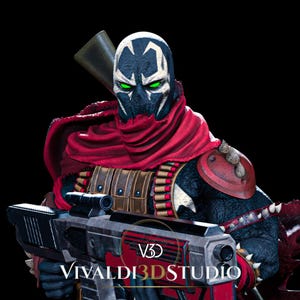 Peut inclure: Une figurine Spawn avec un masque noir et blanc aux yeux vert brillant, une &eacute;charpe rouge et une combinaison noire textur&eacute;e. La figurine porte une cartouchi&egrave;re marron et tient un grand fusil d&eacute;taill&eacute; avec le texte VIVALDI3DSTUDIO visible.