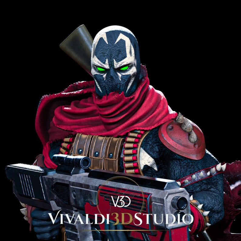 Peut inclure: Une figurine Spawn avec un masque noir et blanc aux yeux vert brillant, une &eacute;charpe rouge et une combinaison noire textur&eacute;e. La figurine porte une cartouchi&egrave;re marron et tient un grand fusil d&eacute;taill&eacute; avec le texte VIVALDI3DSTUDIO visible.