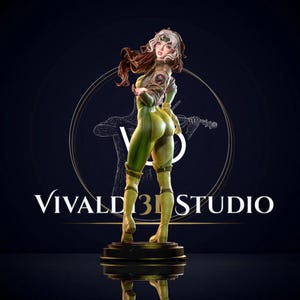 May include: A detailed figurine of a character with brown hair featuring a white streak, wearing a brown jacket over a yellow and green bodysuit with matching yellow boots, standing on a circular base with the text Vivaldi 3D Studio behind.