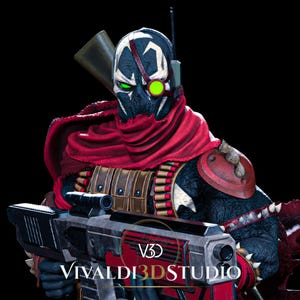 Peut inclure: Une figurine d&eacute;taill&eacute;e d'un personnage masqu&eacute; portant une &eacute;charpe rouge, une ceinture de munitions marron et une &eacute;pauli&egrave;re. Le personnage a un masque noir et blanc avec un &oelig;il vert brillant et une lentille rouge, tenant un fusil avec VIVALDI3DSTUDIO.
