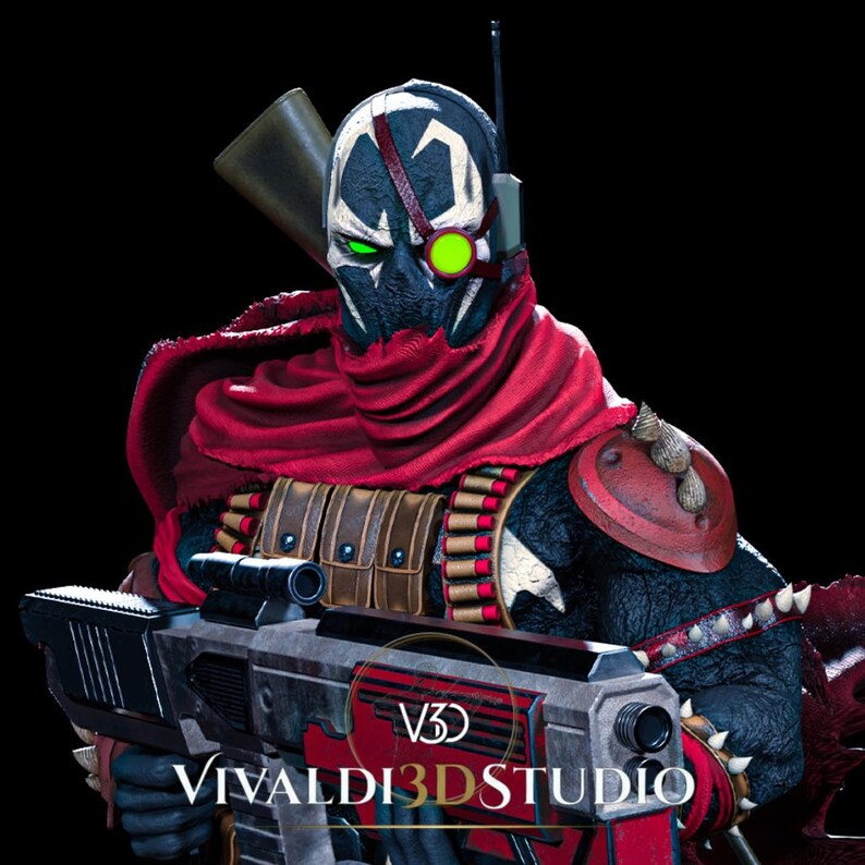 Peut inclure: Une figurine d&eacute;taill&eacute;e d'un personnage masqu&eacute; portant une &eacute;charpe rouge, une ceinture de munitions marron et une &eacute;pauli&egrave;re. Le personnage a un masque noir et blanc avec un &oelig;il vert brillant et une lentille rouge, tenant un fusil avec VIVALDI3DSTUDIO.